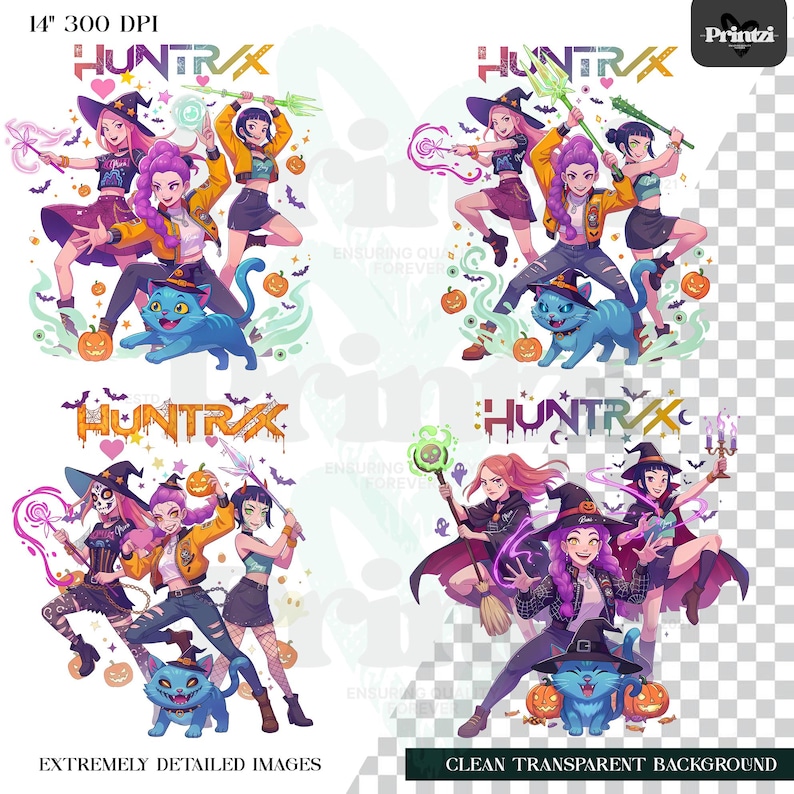 May include: A digital illustration featuring a group of stylized female characters in Halloween costumes, with a blue cat and pumpkins. The text "HUNTRAX" is displayed in a stylized font. The image is labeled "EXTREMELY DETAILED IMAGES" and "CLEAN TRANSPARENT BACKGROUND".
