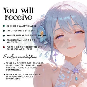 Akvarell Anime Clipart-paket: Blommiga flickillustrationer (digital nedladdning, 300 DPI, JPG-filer) bild 3
