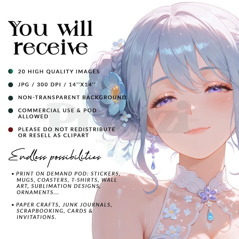 Akvarell Anime Clipart-paket: Blommiga flickillustrationer (digital nedladdning, 300 DPI, JPG-filer) bild 3
