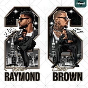 May include: A graphic design featuring two portraits of musicians, Usher and Chris Brown, set within large number 2 frames. Each artist is depicted in a suit, wearing sunglasses, and sitting on a chair against a black city skyline background.