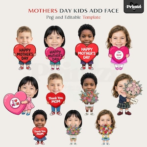 Puede incluir: Una plantilla digital para el Día de la Madre con niños sosteniendo carteles en forma de corazón con mensajes como "Happy Mother's Day" y "Thank You, MOM". La imagen incluye ramos de flores y el texto "Png and Editable Template."