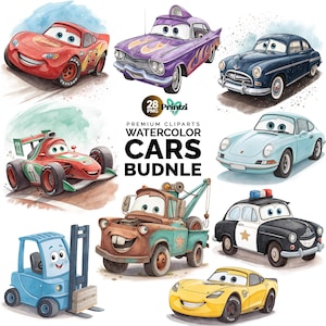 28 Watercolor Cartoon Cars Clipart High Res Racing Cars Art Prints Cars Characters PNG Clipart Instant Download Commercial Use Cute Clipart