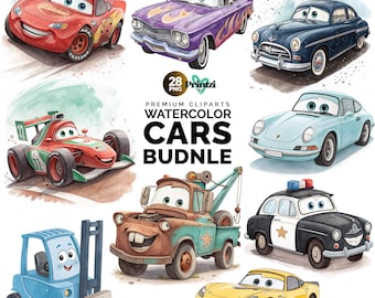 Watercolor Cartoon Cars Clipart: Racing Car Art Prints (PNG Digital Download)
