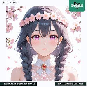 Akvarell Anime Clipart-paket: Blommiga flickillustrationer (digital nedladdning, 300 DPI, JPG-filer) bild 4