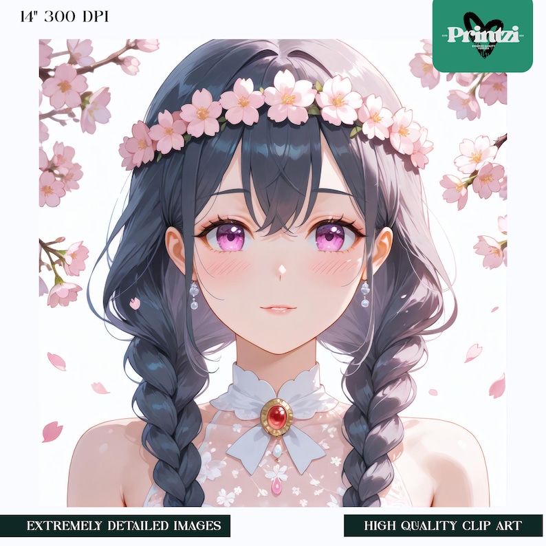Akvarell Anime Clipart-paket: Blommiga flickillustrationer (digital nedladdning, 300 DPI, JPG-filer) bild 4