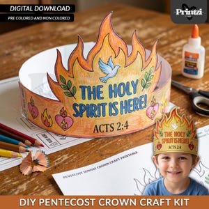 Peut inclure: Kit de bricolage de couronne de la Pentecôte. La couronne présente des flammes, une colombe et le texte "THE HOLY SPIRIT IS HERE! ACTS 2:4". Comprend des options pré-colorées et non colorées. Parfait pour les activités de l'école du dimanche.