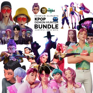 K-pop Demon Hunters Clipart bundle, Sa-ja Boys Png, 95 Demon Hunter PNGs, Instant Download (Huntr\x, Rumi, Mira, Zoey, Saja Boys, Jinwoo)