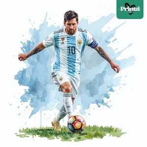 May include: Illustration of a soccer player in an Argentina jersey, number 10, kicking a colorful soccer ball on a green field. The player is wearing white shorts and socks, and gold cleats. A blue watercolor splash is in the background.