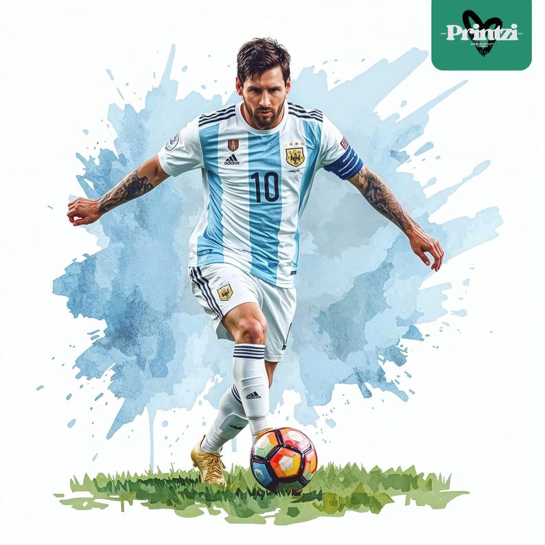 May include: Illustration of a soccer player in an Argentina jersey, number 10, kicking a colorful soccer ball on a green field. The player is wearing white shorts and socks, and gold cleats. A blue watercolor splash is in the background.