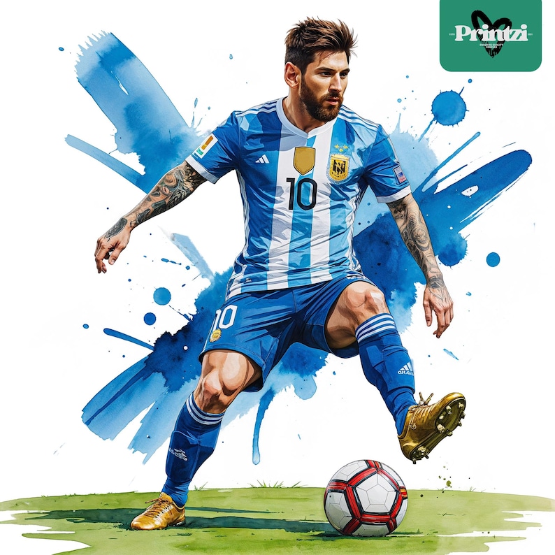 May include: Watercolor illustration of a soccer player in an Argentina jersey, number 10, kicking a soccer ball on a green field. The player is wearing blue shorts and gold cleats. Blue watercolor splashes are in the background.