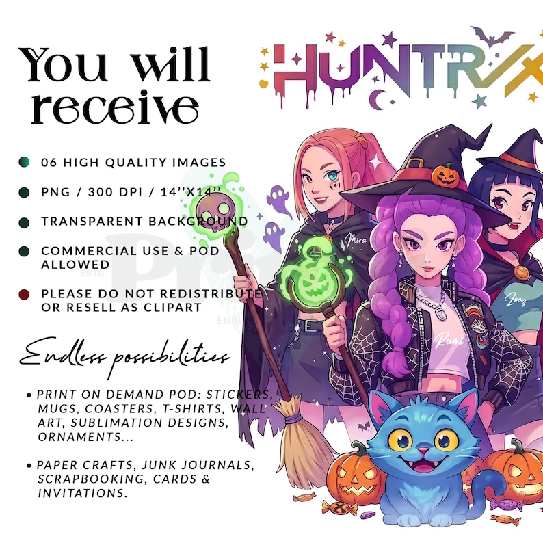 May include: Digital art featuring three anime-style witches with a blue cat and pumpkins. The image includes text that reads "You will receive" and "Endless possibilities." The image is for print-on-demand products like stickers, mugs, and wall art.