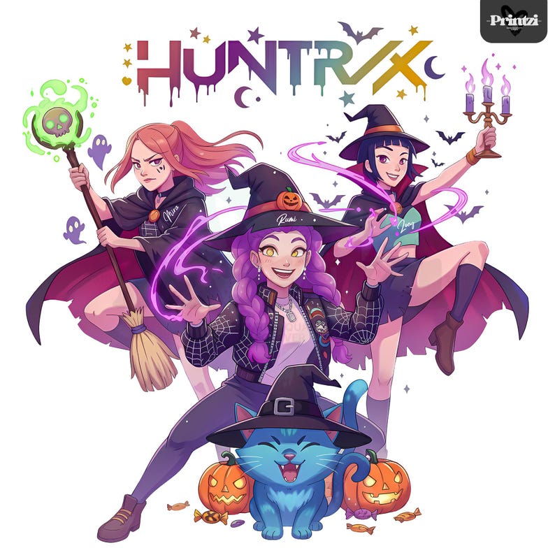 May include: Digital illustration featuring three witches with a blue cat and pumpkins. The witches wear black hats and capes, holding a staff, a candelabra, and a spell book. The image has the text "HUNTRIX" at the top.