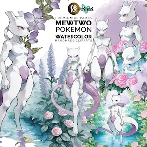 Aquarela Mewtwo Pokémon ClipArt Fan Art PNG Clipart Bundle, Download instantâneo, Monstros de bolso, Adesivos, Pokémon sublimado, Arte de aniversário