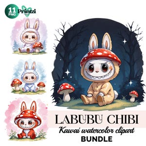Pacote de clipart de Labubu em aquarela: PNGs de monstros chibi kawaii (download digital)
