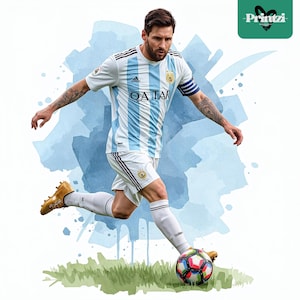 May include: A soccer player in a white and light blue striped jersey and shorts kicks a soccer ball. The jersey has "QATAR" printed on the front. The image has a watercolor effect with blue and green accents and the "Printzi" logo.