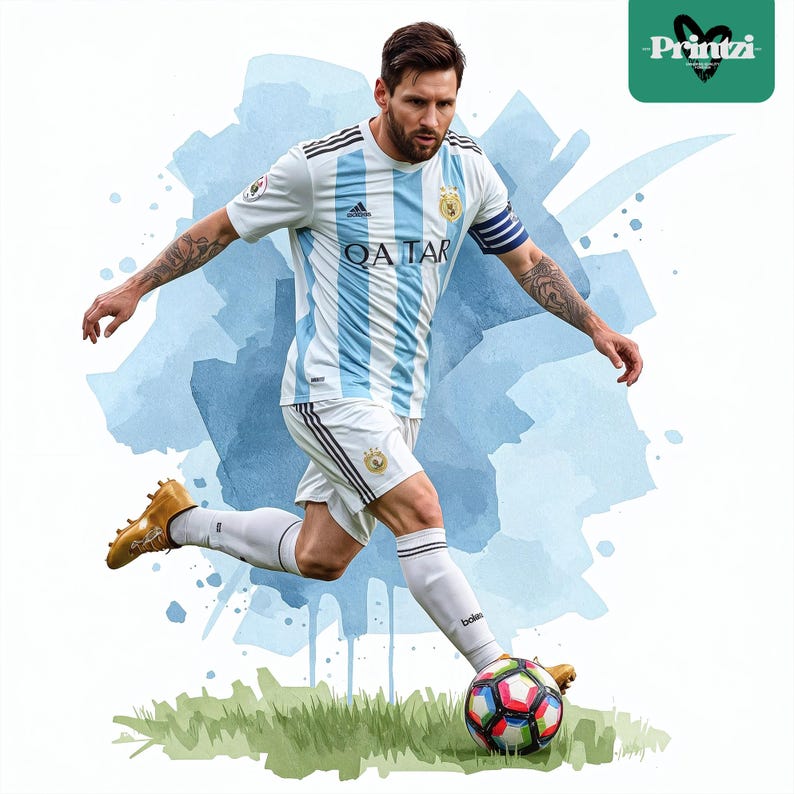 May include: A soccer player in a white and light blue striped jersey and shorts kicks a soccer ball. The jersey has "QATAR" printed on the front. The image has a watercolor effect with blue and green accents and the "Printzi" logo.