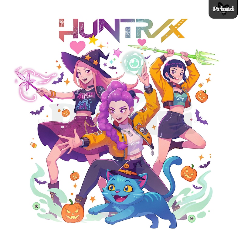 May include: A digital illustration featuring three anime-style figures in Halloween costumes, with a blue cat wearing a witch hat. The image includes pumpkins, bats, and the text "HUNTRIX". The figures are holding magic wands and a trident.
