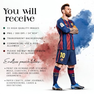 May include: A digital art graphic with text that reads "You will receive" and lists features like high-quality images, transparent backgrounds, and commercial use. The image also features a soccer player in a blue and red uniform.