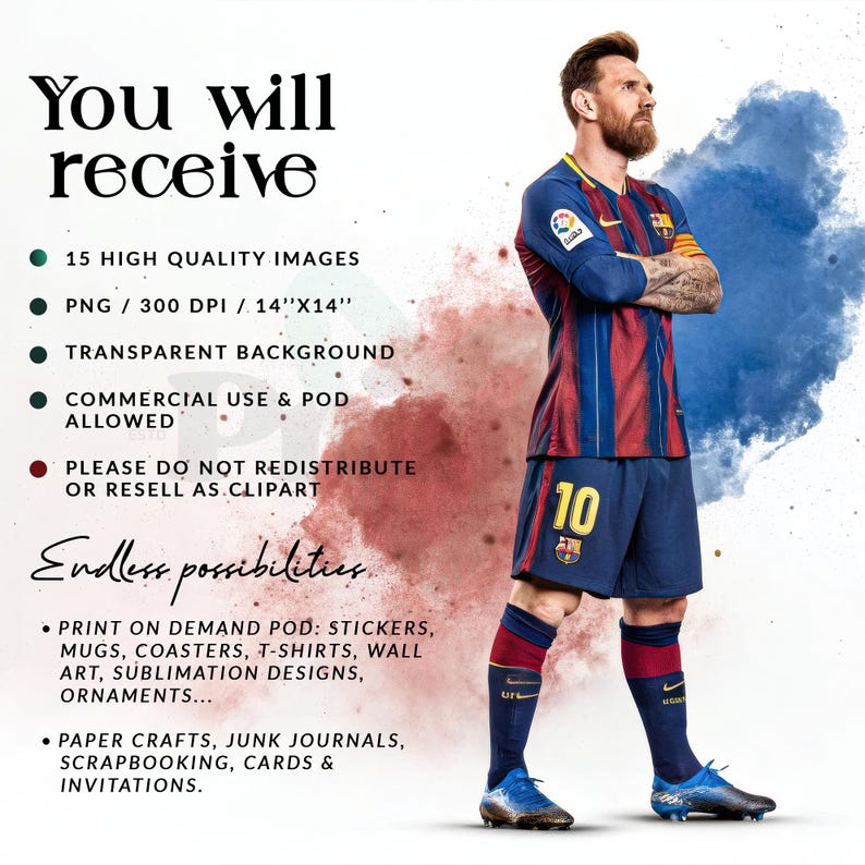 May include: A digital art graphic with text that reads "You will receive" and lists features like high-quality images, transparent backgrounds, and commercial use. The image also features a soccer player in a blue and red uniform.