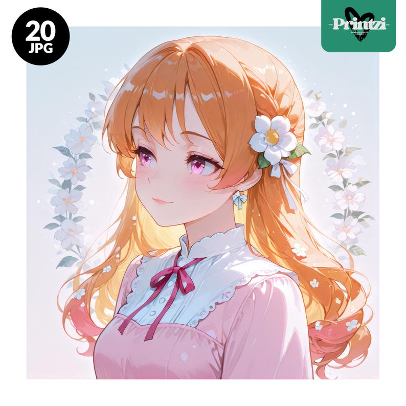 Akvarell Anime Clipart-paket: Blommiga flickillustrationer (digital nedladdning, 300 DPI, JPG-filer) bild 6