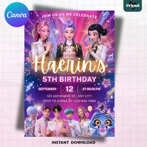 Pode incluir: Um vibrante convite de aniversário com personagens animados e o texto "5º Aniversário de Haerin". O design inclui notas musicais, estrelas e a data, 12 de setembro às 20h00. O convite está disponível para download instantâneo.