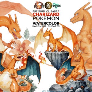 Könnte beinhalten: Aquarell-Clipart mit mehreren orangefarbenen Charizard-Pokémon-Charakteren mit blauen Flügeln. Das Bild enthält den Text "Charizard Pokemon Watercolor Handmade-Cliparts". Das Kunstwerk hat einen weißen Hintergrund und enthält florale Akzente.