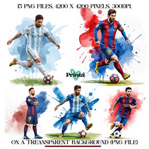 May include: Digital art featuring a soccer player in action, wearing different team jerseys. The image includes watercolor-style backgrounds and the text "Printzi". The text "15 PNG FILES, 4200 X 4200 PIXELS, 300DPI" is also visible.