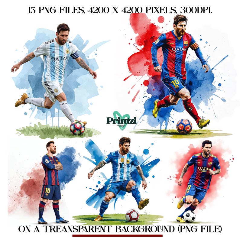 May include: Digital art featuring a soccer player in action, wearing different team jerseys. The image includes watercolor-style backgrounds and the text "Printzi". The text "15 PNG FILES, 4200 X 4200 PIXELS, 300DPI" is also visible.