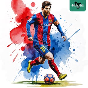 May include: Watercolor illustration of a soccer player in a red and blue uniform with the number 10. The player is kicking a soccer ball on a green field. The background features red and blue paint splatters.