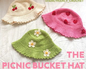 Le pique-nique Bucket Hat CROCHET PATTERN - Knit Cottage Core vintage Retro Floral Daisy Cherry Heart Fancy Nancy Cotton Yarn Appliqué Flower