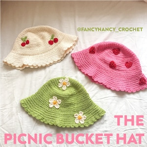 The Picnic Bucket Hat CROCHET PATTERN - Knit Cottage Core Vintage Retro Floral Daisy Cherry Heart Fancy Nancy Cotton Yarn Appliqué Flower