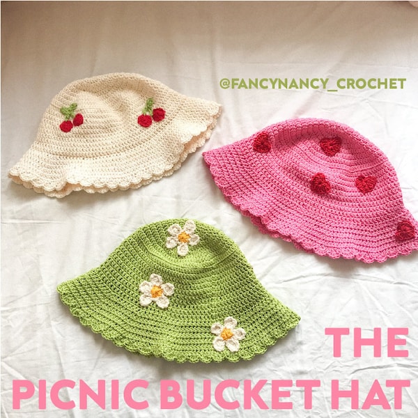 Le pique-nique Bucket Hat CROCHET PATTERN - Knit Cottage Core vintage Retro Floral Daisy Cherry Heart Fancy Nancy Cotton Yarn Appliqué Flower