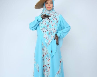 floral blue chiffon maxi dress with hijab, limited additional wonderful Khimar, Dubai Abaya, Nikab long hijab, islamic clothes for ladies