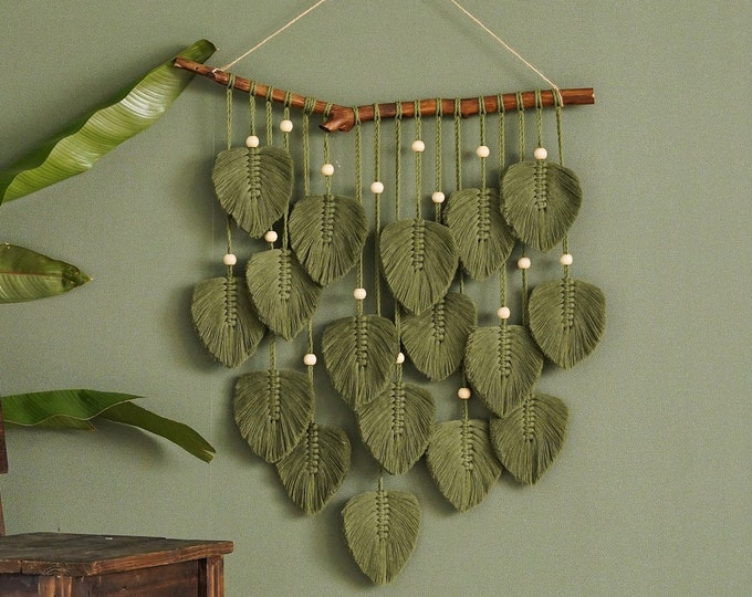 Macrame blad muur opknoping, macrame grote kunst, Boho decoratie, decor voor kamer, eerste huis cadeau, Boho Jungle kwekerij, macrame groen decor L02