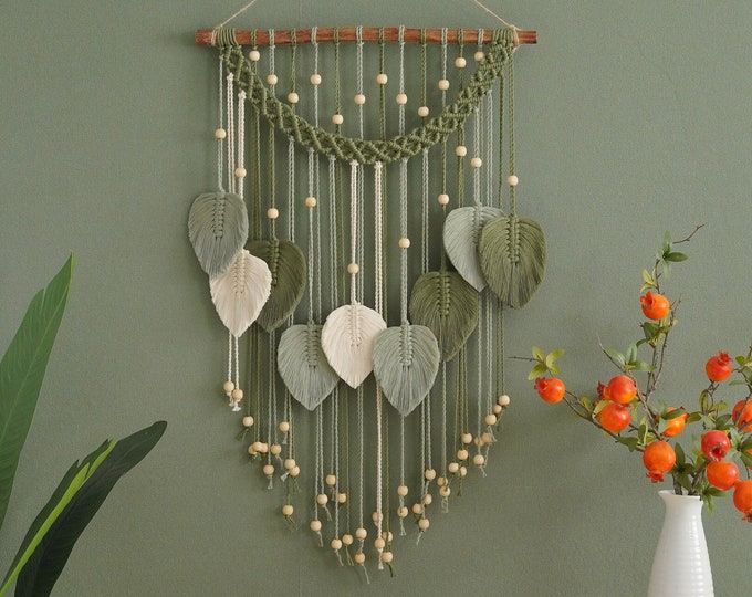 Macrame Leaf Wall Hanging, Macrame Large Art, Boho Decoration, Decor For Room, First Home Gift, Boho Jungle Nursery, Macrame Green Décor L22