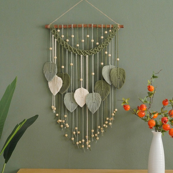 Macrame Leaf Wall Hanging, Macrame Large Art, Boho Decoration, Decor For Room, First Home Gift, Boho Jungle Nursery, Macrame Green Décor L22