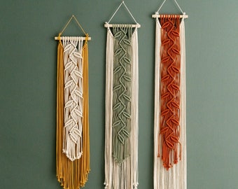 Vertical Narrow Leaves Art, Macrame Wall Art, 3 Piece Wall Art, Plant Lover Gift, Vertical Wall Art, Modern Boho Decor,Yarn Wall Hanging V22