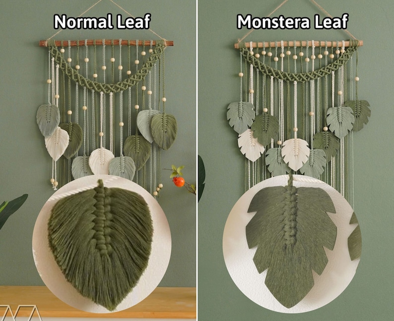 May include: Two macrame wall hangings with different leaf shapes. The left one is labeled "Normal Leaf" and the right one is labeled "Monstera Leaf". Both hangings feature a wooden dowel rod, white and green yarn, and small wooden beads.