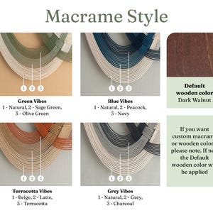May include: An image showcasing macrame wall hangings in various color schemes: Green Vibes, Blue Vibes, Terracotta Vibes, and Grey Vibes. Each design features three shades of natural, sage green, olive green, peacock, navy, beige, latte, terracotta, grey, and charcoal.