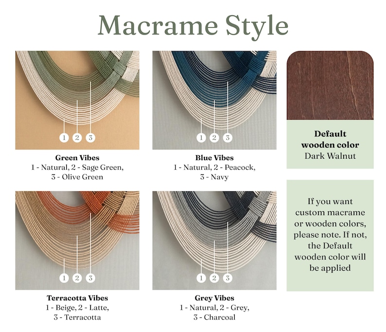 May include: An image showcasing macrame wall hangings in various color schemes: Green Vibes, Blue Vibes, Terracotta Vibes, and Grey Vibes. Each design features three shades of natural, sage green, olive green, peacock, navy, beige, latte, terracotta, grey, and charcoal.