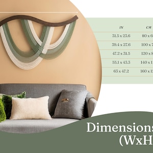May include: A large, decorative wall hanging with a dark brown wooden top and cascading strands in shades of green and cream. The dimensions are listed in inches and centimeters, with the largest size being 65 x 47.2 inches (160 x 120 cm).