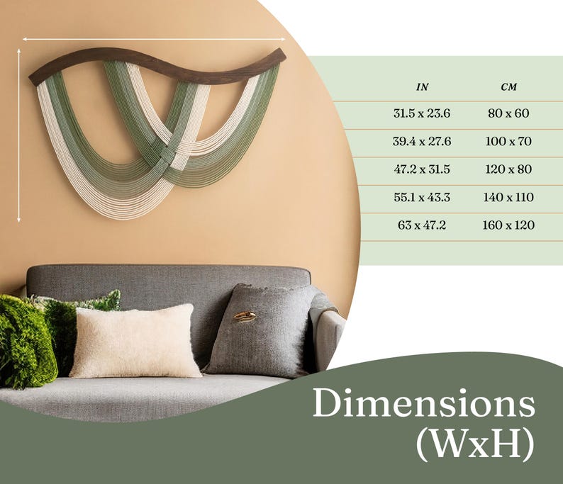 May include: A large, decorative wall hanging with a dark brown wooden top and cascading strands in shades of green and cream. The dimensions are listed in inches and centimeters, with the largest size being 65 x 47.2 inches (160 x 120 cm).