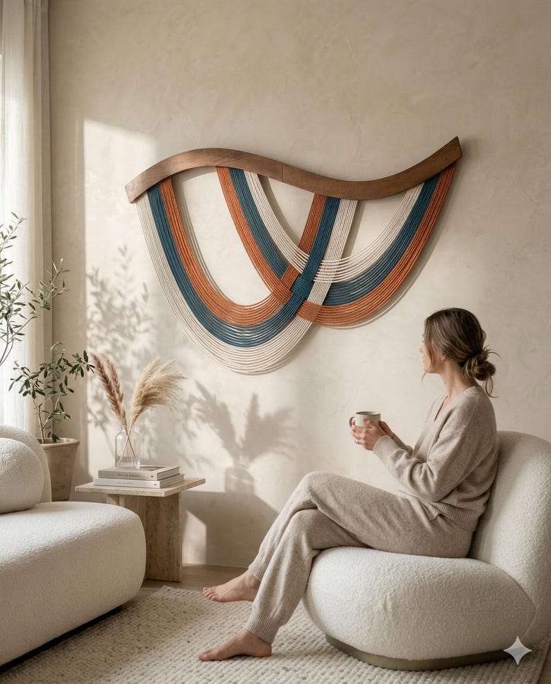 May include: A large wall hanging with a wooden frame and cascading strands in orange, teal, and cream colors. The artwork is mounted on a neutral-toned wall. The piece adds a modern, artistic touch to the room.