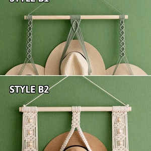 May include: Two macrame hat holders, labeled "STYLE B1" and "STYLE B2", are displayed against a green background. "STYLE B1" features a light green design, while "STYLE B2" showcases a white macrame design. Both styles are designed to hold hats.