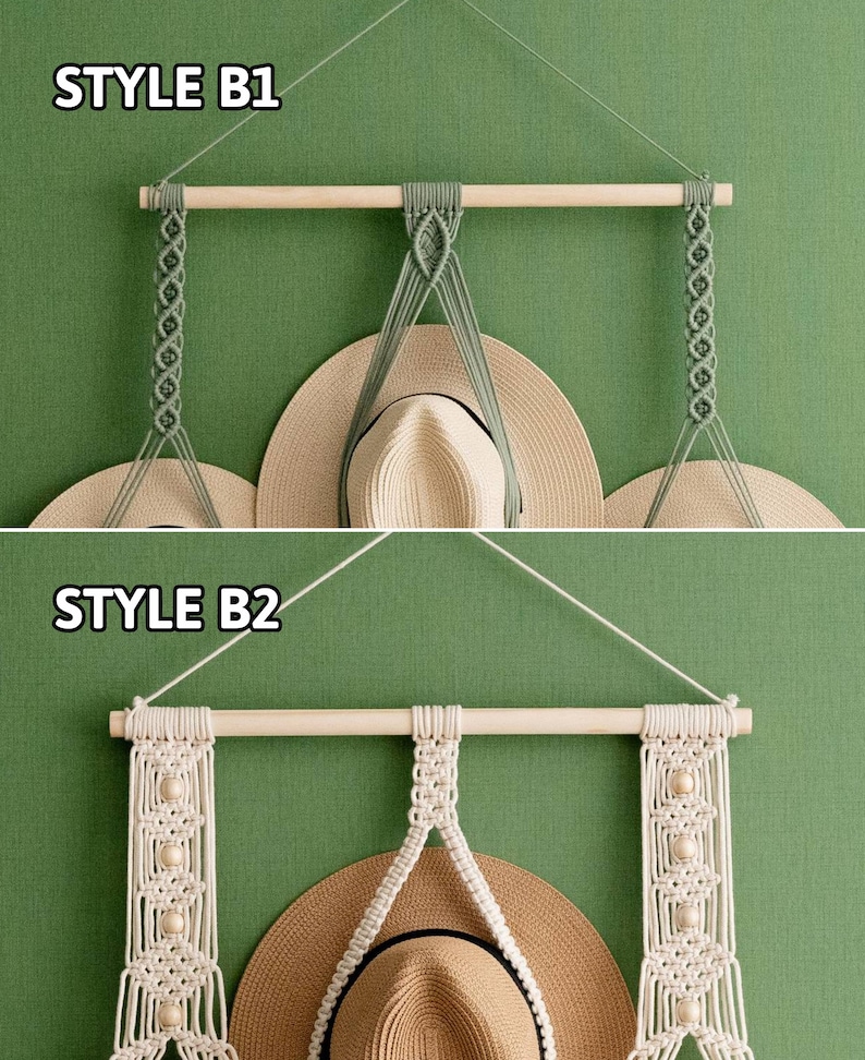 May include: Two macrame hat holders, labeled "STYLE B1" and "STYLE B2", are displayed against a green background. "STYLE B1" features a light green design, while "STYLE B2" showcases a white macrame design. Both styles are designed to hold hats.