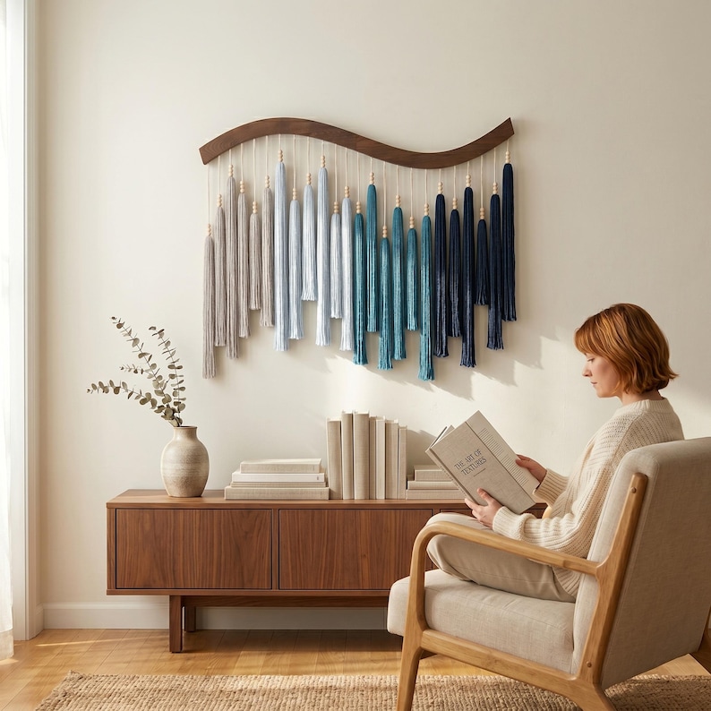 May include: A wall hanging featuring a curved dark wood top bar with hanging cotton tassels in a gradient of colors ranging from light gray to light blue, teal, and dark navy blue, accented with small wooden beads on each individual cord.