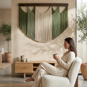 May include: A large macrame wall hanging with a dark brown wooden bar. The macrame features a central panel of cream-colored fringe flanked by panels of green fringe. A woman sits in a white chair.