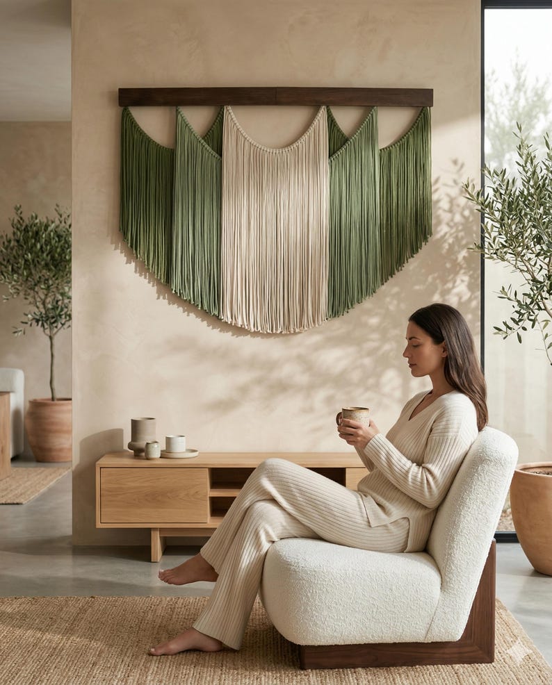 May include: A large macrame wall hanging with a dark brown wooden bar. The macrame features a central panel of cream-colored fringe flanked by panels of green fringe. A woman sits in a white chair.
