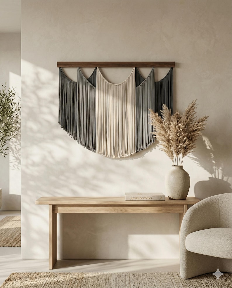May include: A large, neutral-toned macrame wall hanging with a dark wood top. The design features a series of vertical fringe in shades of gray and cream. The wall hanging is mounted above a light wood console table. A vase with dried flowers sits on the table.