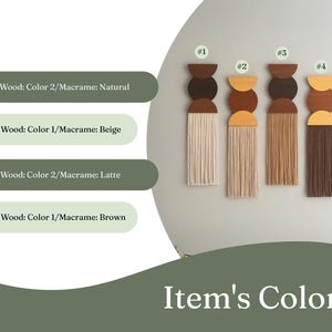 May include: Four wooden wall hangings with macrame fringe in natural, beige, latte, and brown. Each piece features a half-circle and two full circles in varying shades of brown and tan. The text "Item's Color" is at the bottom.